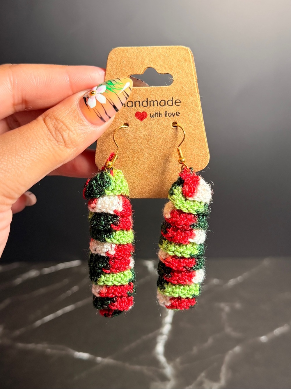 Handmade Crochet Spiral Earrings - Red, Green & White